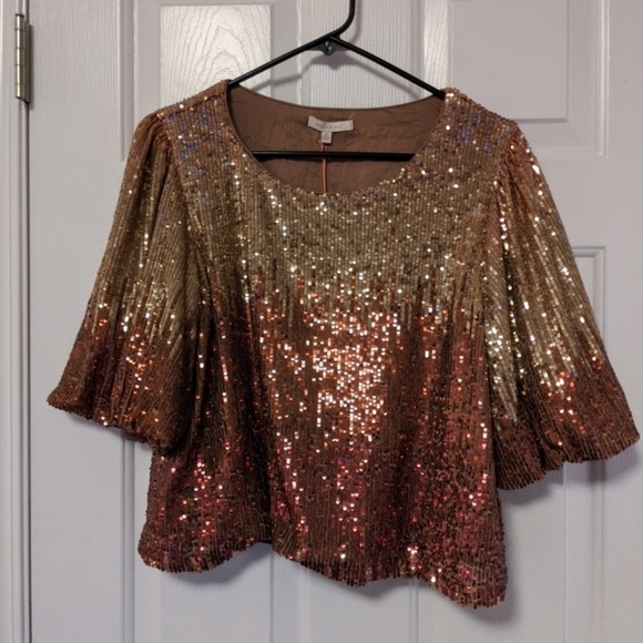 Skies Are Blue Copper Gold All Over Sequin Beaded Holiday Size M NWT Swifty Top - Picture 4 of 8